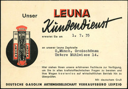 LEIPZIG C1/ Fahrt/ LEUNA/ DEUTSCHES IG.BENZIN/ Deutsche Gasolin AG 1935 (26.6.) AFS Auf Zweifarbiger Reklame-Kt.: LEUNA- - Auto's