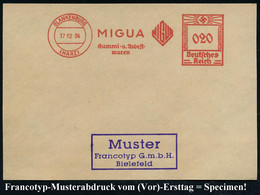 BLANKENBURG/ (HARZ)/ MIGUA/ Gummi-u./ Asbest-/ Waren 1934 (17.12.) AFS, Francotyp-Musterabdruck "Hakenkreuz" Glasklar Au - Química