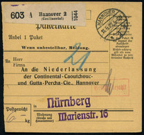 HANNOVER/ *2w 1922 (11.5.) 1K-Brücke + Selbstbucher-Paketzettel: Hannover 2/ ( C O N T I N E N T A L ) + Roter Ra: Gebüh - Química