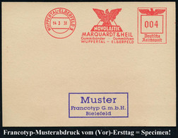 WUPPERTAL-ELBERFELD 1/ NOVOLITH/ MARQUARDT & HEIL/ Gummibänder Gummilitzen.. 1938 (14.3.) AFS, Francotyp-Musterabdruck " - Química