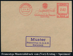 HANNOVER 1/ EF/ Frau Elisabeth Frucht/ Fabrik Kosmetischer Präparate.. 1936 (2.9.) AFS, Francotyp-Musterabdruck "Hakenkr - Chimie