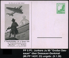Dessau 1938 (9.1.) PP 5 Pf. Adler, Grün: Der Alte U. Der Große Dessauer = Junkers "Ju 90" über Denkmal Des "Alten Dessau - Altri & Non Classificati