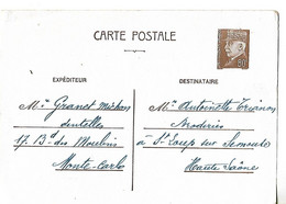 CP Entier PETAIN 80c Brun Non Oblitéré / De MONTE-CARLO à 70 SAINT LOUP - Altri & Non Classificati