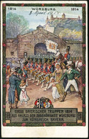 Würzburg 1914 (8.4.) PP 5 Pf. Huppwappen, Grün: EINZUG BAYER. TRUPPEN 1814 = Truppen Mit Trommlern, Flagge, Festung U, P - Napoléon