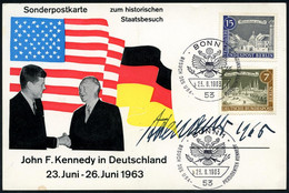 53 BONN 1/ B/ BESUCH DES USA-PRÄSIDENTEN KENNEDY 1963 (23.6.) SSt Auf Color-Sonder-Kt.: Kennedy U. Adenauer + Orig. Sign - Otros & Sin Clasificación