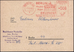 1 BERLIN 44/ BERLIN/ Muss/ Man/ ERLEBEN!/ Bez.Amt Neukölln 1965 (10.6.) AFS 008 Pf. = Brandenburger Tor (mit Quadriga) K - Monumenti