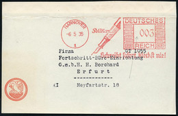 HANNOVER/ 1/ Pelikan/ Schreibt Sofort,kleckst Nie! 1935 (6.5.) AFS = Füllhalter Auf Kleiner Firmen-Vorderseite (Dü.E-2Ao - Non Classificati