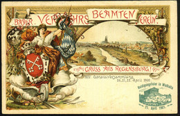 Regensburg 1908 (18.8.) PP 5 Pf. Wappen, Grün: BAYER. VERKEHRS BEAMTEN VEREIN.. XIV. Generalversammlung.. Huldigungsfeie - Trains