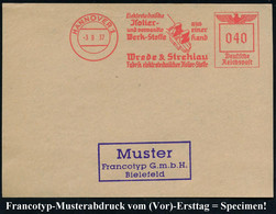 HANNOVER 1/ Elektrotechnische/ Jsolier-/ U. Verwandte/ Werk-Stoffe../ Wrede & Strehlau.. 1937 (3.9.) AFS-Musterabdruck F - Electricité