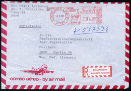 PERU 1985 (Sept.) Peruanischer AFS.: CHICLAYO/M-075 (Lama = Pitney-Bowes) 50 00 + Hs. R-Vermerk Ohne Ort ,  Übersee-Flp. - Andere (Lucht)