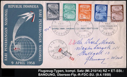 INDONESIEN 1958 (9.4.) Flugtag, Kompl.Satz Motor-Fluzeuge, Inkl. Helikopter , 3x ET-SSt. + RZ: Bandung, Klar Gest. Übers - Flugzeuge