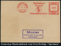 OSCHERSLEBEN/ (BODE)/ Apparatebau/ GmbH/ Oschersleben.. 1936 (13.10.) Seltener AFS-Musterabdruck Francotyp "Hakenkreuz"  - Aviones