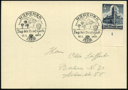 MÜNCHEN/ HDB/ Tag D.Briefmarke 1941 (12.1.) SSt = Fallschirmjäger Auf WHW-Frankatur, Klar Gest.. Inl.-Kt. (Bo.154) - FAL - Parachutisme