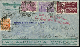 BRASILIEN 1933 (10.5.) 1. S.A.-Rückfahrt, Flp.-Frankatur 500 Rs., 3000 Rs. Etc. (Mi.337 U.a.) , 2K: CORREIO AEREO/RIO DE - Zeppelines
