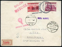 POLEN 1936 (31.5.) Viol. Ballon-SSt.: LWOW 1/POCZTA/BALONOWA + Roter 2L: BALON/ MOSCICE + Landestempel, Ballon-Eil-Bf.   - Mongolfiere