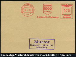 BERGHAUSEN (BZ KÖLN)/ MÄRKER/ STAHL/ Schmidt & Clemens 1938 (22.11.) AFS-Musterabdruck Francotyp "Reichsadler" (Firmen-W - Autres & Non Classés