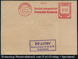 BRACKWEDE 1/ Ruhrstahl AG/ Presswerk Brackwede 1934 (22.12.) AFS-Musterabdruck Francotyp "Hakenkreuz" Glasklar Auf Franc - Autres & Non Classés