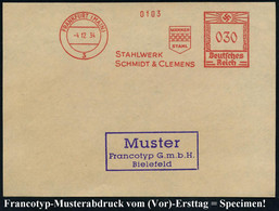 FRANKFURT (MAIN)/ 1/ MÄRKER/ STAHL/ STAHLWERK/ SCHMIDT & CLEMENS 1934 (4.12.) AFS-Musterabdruck Francotyp "Hakenkreuz" ( - Autres & Non Classés