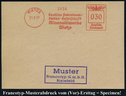 WIETZE/ Deutscher Petroleum/ Aktien-Gesellschaft/ Mineralölwerke.. 1937 (31.8.) AFS-Musterabdruck Francotyp "Reichsadler - Aardolie