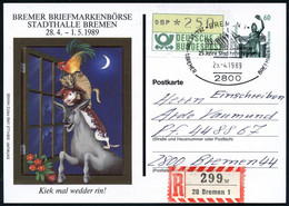 2800 BREMEN 1/ 1.BREMER BRIEFM.BÖRSE 1989 (29.4.) SSt A. PP 60 Pf. Bavaria: Bremer Stadtmusikanten (Esel/ Hund /Katze, H - Perros