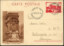 FRANKREICH 1935 (16.12.) 90 C. BiP "La Conciergerie", Rot: PARIS = Molière-Brunnen , Bedarfs-Ausl.-Kt.! (Mi.P 64/06) - F - Escritores