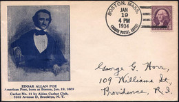 U.S.A. 1934 (19.1.) 1K-Killer: BOSTON, MASS./(SOUTH POSTAL ANNEX) Klar Auf Jubil.-SU. EDGAR ALLEN POE (geb. 19.1.1809 In - Escritores