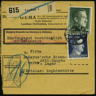 LAUBAN/ 1 1944 (8.11.) 1K-Gitter Auf 180 Pf.-Frankatur Hitler + Schw. Paketzettel: Lauban 1, Selbstbucher-Paketkt.: GEMA - Musique