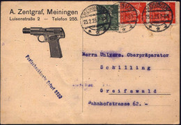 MEININGEN/ **k 1923 (23.2.) 1K-Brücke Auf Reklame-Kt.: A. Zentgraf.. = Polizei-Pistole (Caliber 7,65) Inl.-Reklame-Kt. ( - Polizia – Gendarmeria