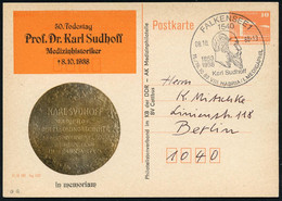 1540 FALKENSEE 1/ 1853/ 1938/ Karl Sudhoff.. 1988 (8.10.) SSt = Kopfbild Auf Amtl. P 10 Pf. PdR., Orange + Zudruck: 50.  - Medicina