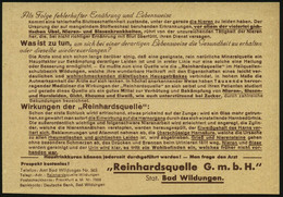 BAD WILDUNGEN/ ..Heilquellenversand/ Reinhardsquelle GmbH 1939 (18.9.) Seltene AFS-Type = Flasche "Reinhardsquelle" Auf - Geneeskunde