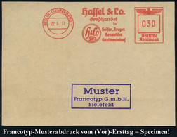 BERLIN-LICHTENBERG 1/ Hassel & Co./ ..Seifen,Drogen/ Kosmetik.. 1937 (22.5.) AFS-Musterabdruck Francotyp "Reichsadler" ( - Usati