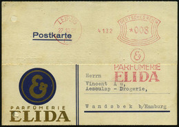 LEIPZIG/ C1/ PARFÜMERIE/ ELIDA 1928 (27.10.) AFS (Monogr.-Logo) Auf Motivgl., Gold-blauer Firmenkt.(Reg.-Lochung Geschl. - Usati