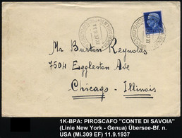 ITALIEN 1937 (11.9.) 2K-BPA: PIROSCAFO "CONTE DI SAVOIA"/* NEW YORK GENOVA * , EF 1,25 L. , Klar Gest. Übersee-Bf. N. US - Marítimo