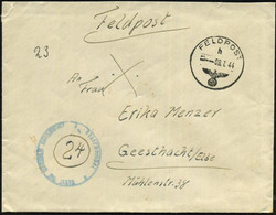 DT.BES.DÄNEMARK 1944 (8.7.) 1K: FELDPOST/h/--- + Blauer 1K-HdN (abgenutzt)  + Rs. Hs. Abs.: "F. N. M.37850 A, M.F.P.A. B - Marittimi