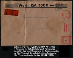BERLIN NW 7/ Dorothee 1938 (22.7.) Sehr Seltener AFS 104 Pf. = Tarnname Für Mefo, Rs. Abs.-Vordr.: METALLURGISCHE FORSCH - Autres & Non Classés