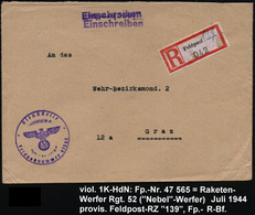 DEUTSCHES REICH 1942 (Juli) Feldpost-R-Bf. Ohne AufgabeSt., Provis. RZ: Feldposst 139 + Viol. 1K-HdN: Fp. Nr. 47565 =  R - Autres & Non Classés