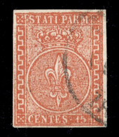 ANTICHI STATI  - PARMA - 1853 - 15 Cent (7) Usato - Annullo Leggero - Molto Bello - Raybaudi + Cert. Bottacchi (700) - Andere & Zonder Classificatie