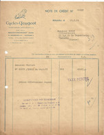 Note De Crédit , CYCLES PEUGEOT , 25 ,Beaulieu-Valentigny ,1954, Frais Fr 1.65 E - 1950 - ...