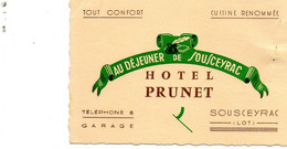 Sousceyrac. Carte De Visite Hôtel Prunet. Années 50. - Cartes De Visite