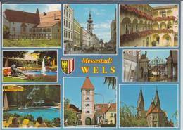 WELS Messestadt, Mehrbildkarte, Haas Arkadenhof, Burg, Burggarten, Stadtplatz, Venusbrunnen, Ledererturm, Schwimmbad - Wels