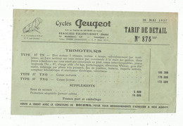 Publicité , CYCLES PEUGEOT , 25 , Beaulieu - Valentigney , 1957 , TRIPORTEURS , Tarif De Détail , Frais Fr 1.55 E - Publicités