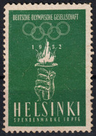 GERMANY Team - Olympics Olympic GAMES 1952 FINLAND Helsinki / Olympic Flame Hand / LABEL CINDERELLA VIGNETTE - Used - Estate 1952: Helsinki