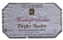 Etiket Etiquette - Vin Wijn - D' Alsace - Gewurztraminer Ziegler - Mauler - 1994 - Gewürztraminer