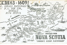 Map Of Nova Scotia On QSL From Gerald MacDonald, Armdale, Nova Scotia, Canada (Nov 1967) - CB-Funk