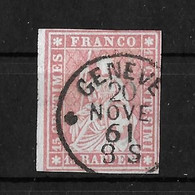 1854-1862 Helvetia (ungezähnt) → Klarer Einkreis Stempel GENÈVE     ►SBK-24B4.V / Bogenrandstück Links◄ - Gebraucht