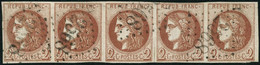 Oblit. N°40B 2c Brun-rouge R2,bande De 5 Obl GC 2568 Petite Fente Entre  3é Et 4é Timbre Néamoins - TB - 1870 Bordeaux Printing