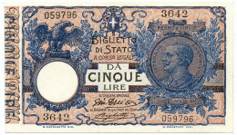 5 LIRE BIGLIETTO DI STATO VITTORIO EMANUELE III FLOREALE 05/11/1914 FDS-/FDS - Otros