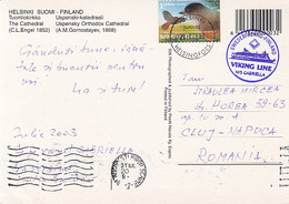 MS GABRIELLA VIKING LINE SHIP SPECIAL POSTMARK, BIRD STAMP ON HELSINKI TOWN VIEW SPECIAL POSTCARD, 2003, FINLAND - Cartas & Documentos