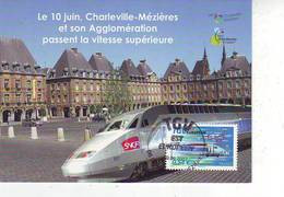 08. CHARLEVILLE MEZIERES . Cachet De L'arrivée Du TGV EST EUROPEEN  Du 09.06.2007 Sur Carte Postale PLACE DUCALE - Gedenkstempels