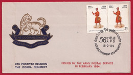 India 1984 APS Cover Postwar Reunion Dogra Regiment 1984 Issued By Army Postal Service Tiger (**) Inde Indien - Enveloppes